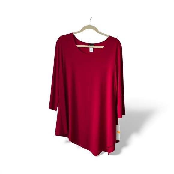 CARIBE Red 3/4 Sleeve V Neck TUNIC TOP 1XL Pullover Asymmetrical Hem Stretch NEW - Picture 2 of 8